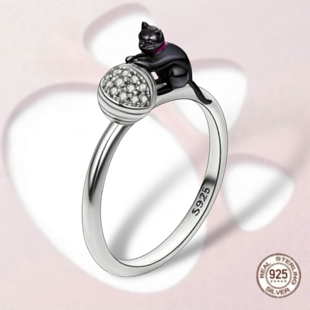 NWT Black Cat With Yarn Ring S925 Sterling Silver Stamped Sz.8 - Picture 2 of 10